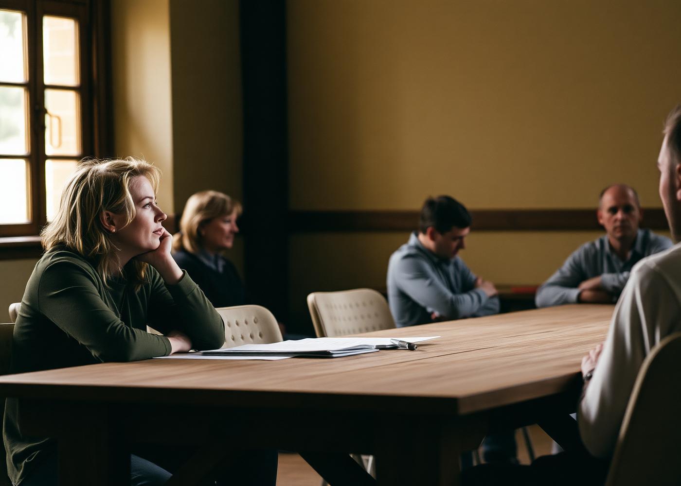 Participants listening closely to each other across a wooden table in warm daylight