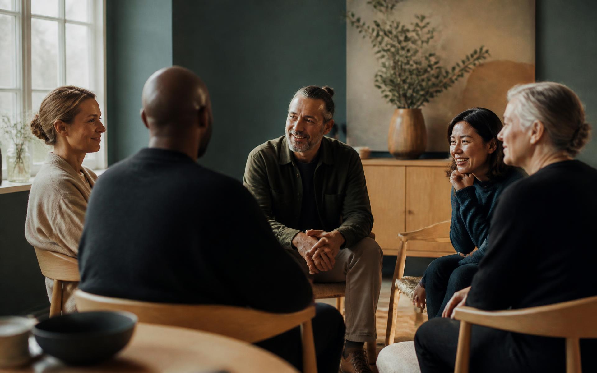 A small group of people in genuine conversation in a calm, naturally lit room